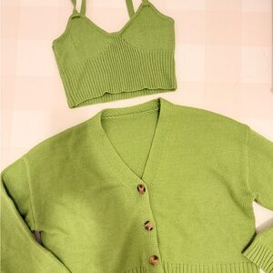 Green Knit Cardigan and Crop Top Set